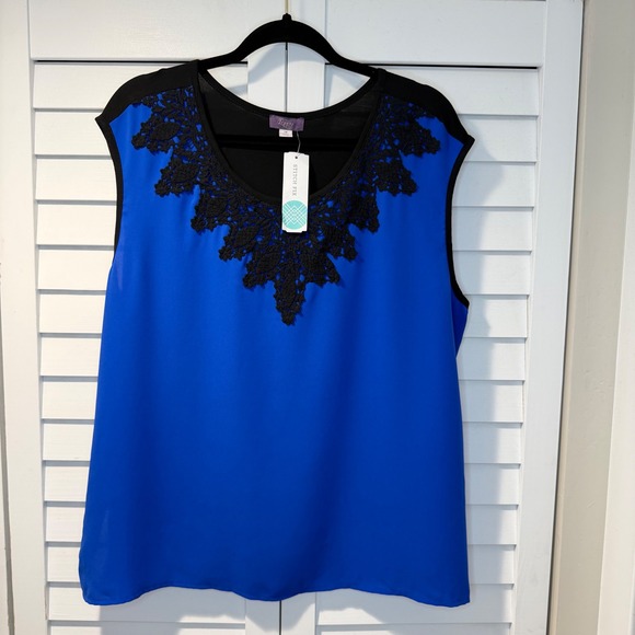 Truly Poppy Willard Lace Overlay Blouse Cobalt Blue Black Womens 1X Stitch Fix - Picture 11 of 11